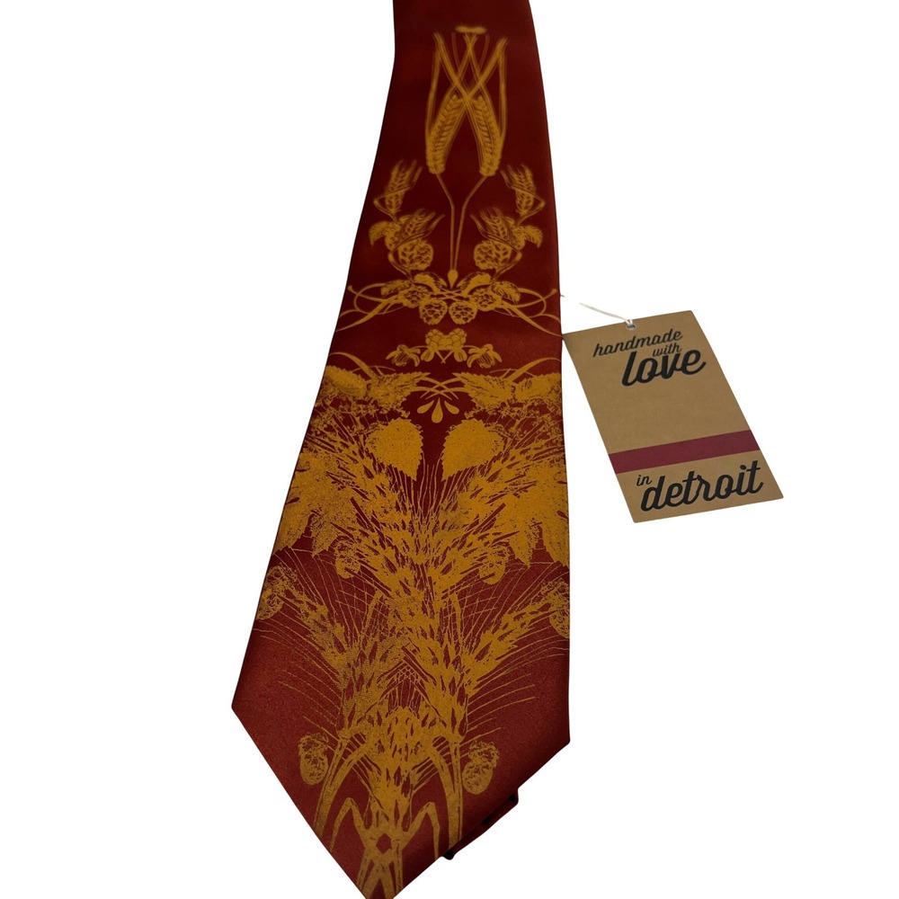 NWT Cyberoptix Hand-Printed Necktie Beer Necktie Hops & Wheat Print Tie